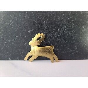 Vintage Folk Art Etched Brass Deer Brooch Reindeer Pin Costume Jewelry